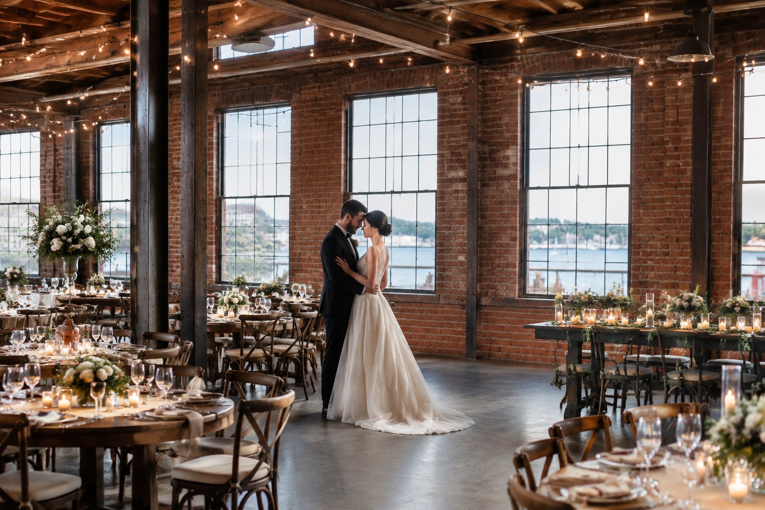 A couple stands together in a brick industrial wedding venue.
