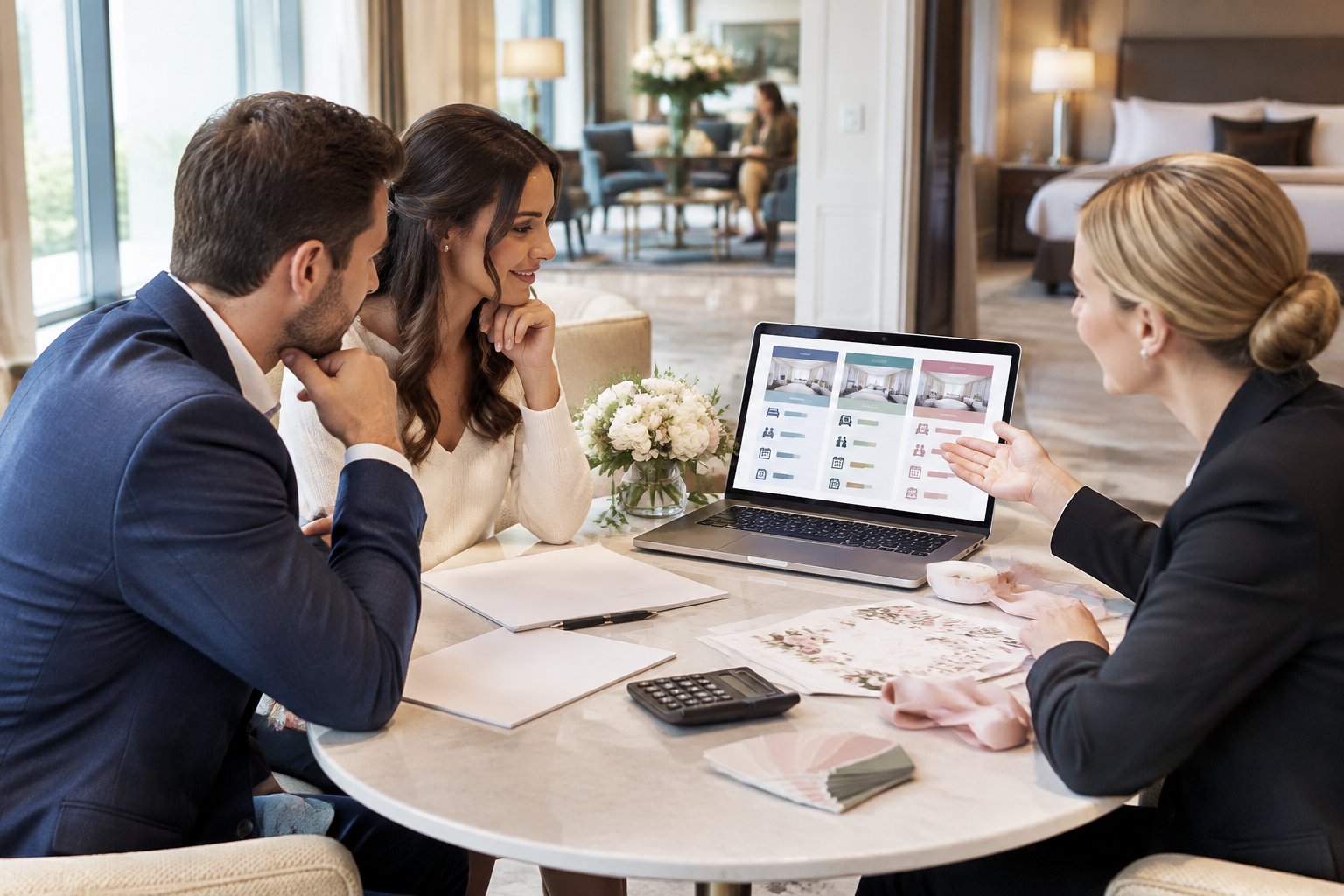 A couple reviews hotel options with a hotel manager while planning wedding guest accommodations.