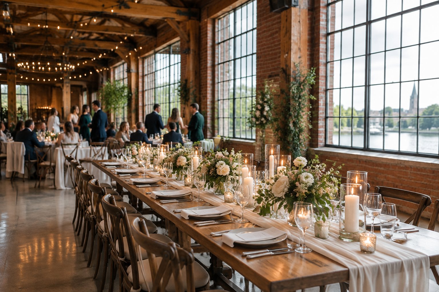 A wedding reception set in a brick industrial venue.