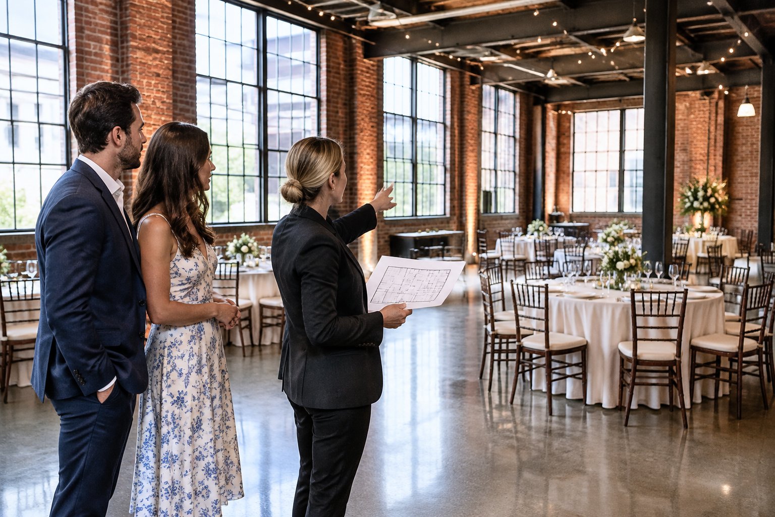 A couple and coordinator look around an industrial wedding reception venue.