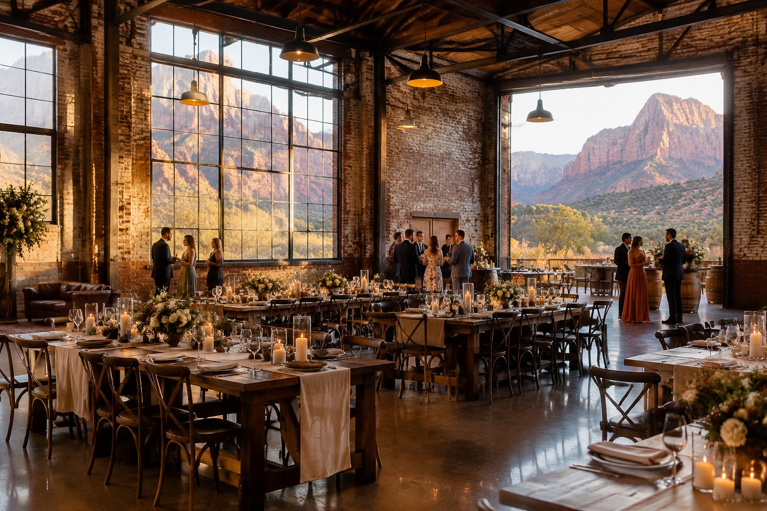 A wedding reception set inside a brick industrial venue with red cliffs visible outside.