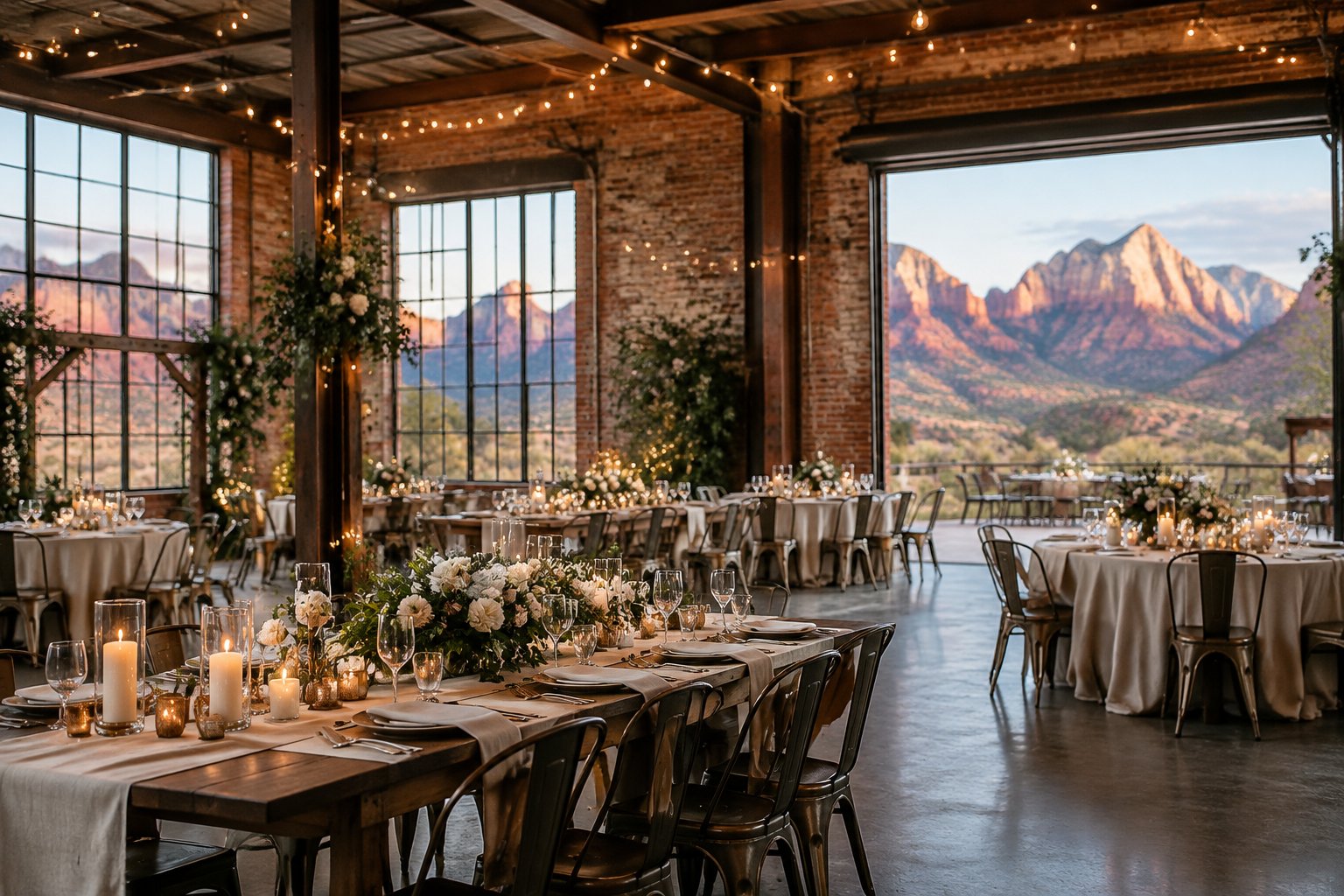A wedding reception table inside a hall with red cliffs visible through the windows.