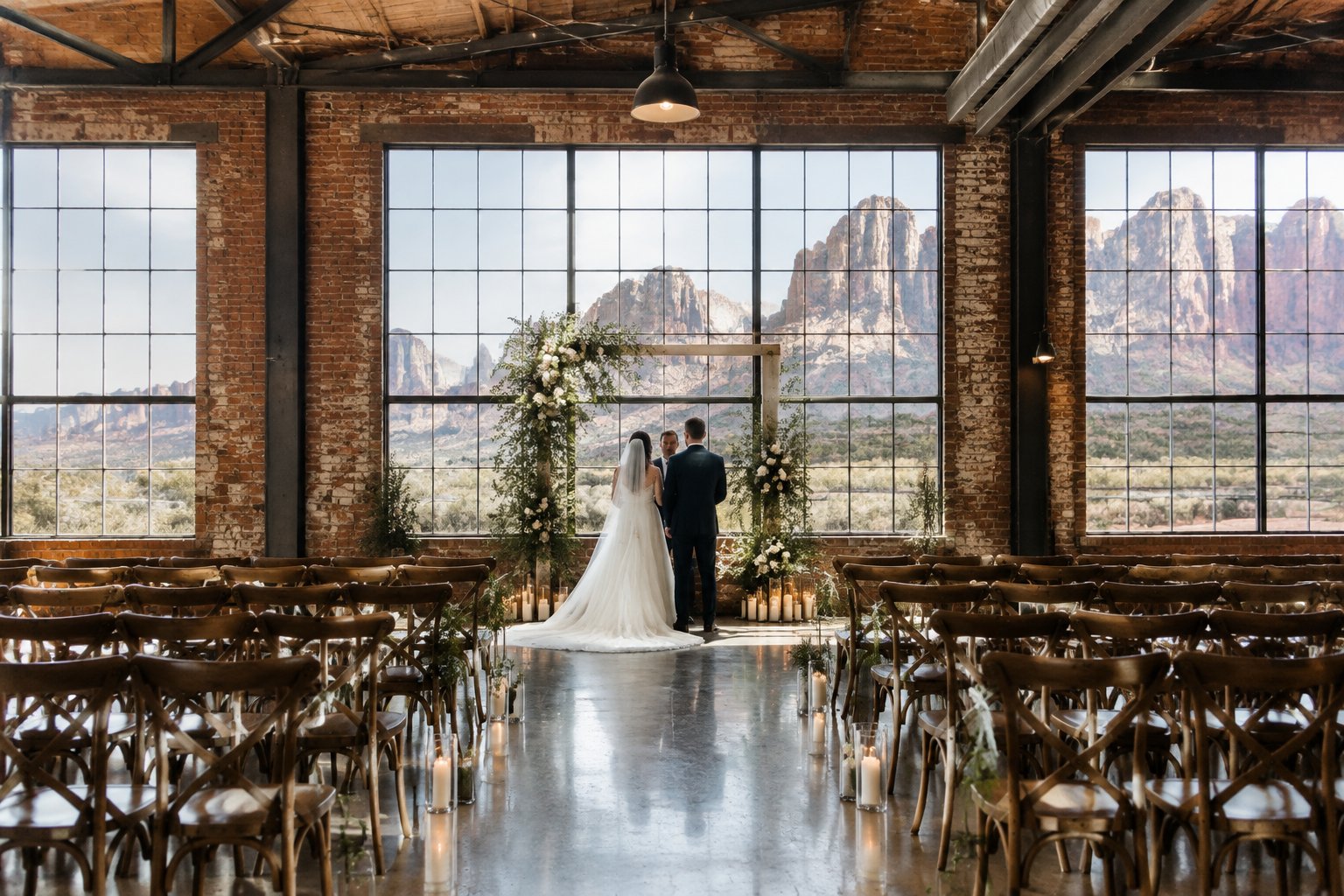 A couple stands at a wedding ceremony inside a brick warehouse with red-rock cliffs visible through the windows.