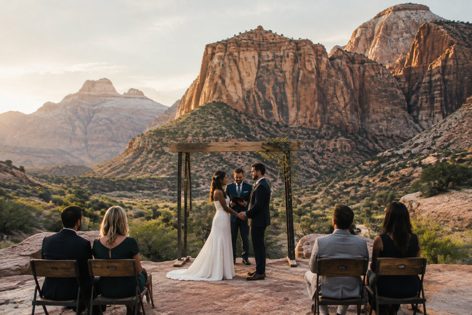 A couple holds a wedding ceremony beneath red cliffs in Zion National Park.