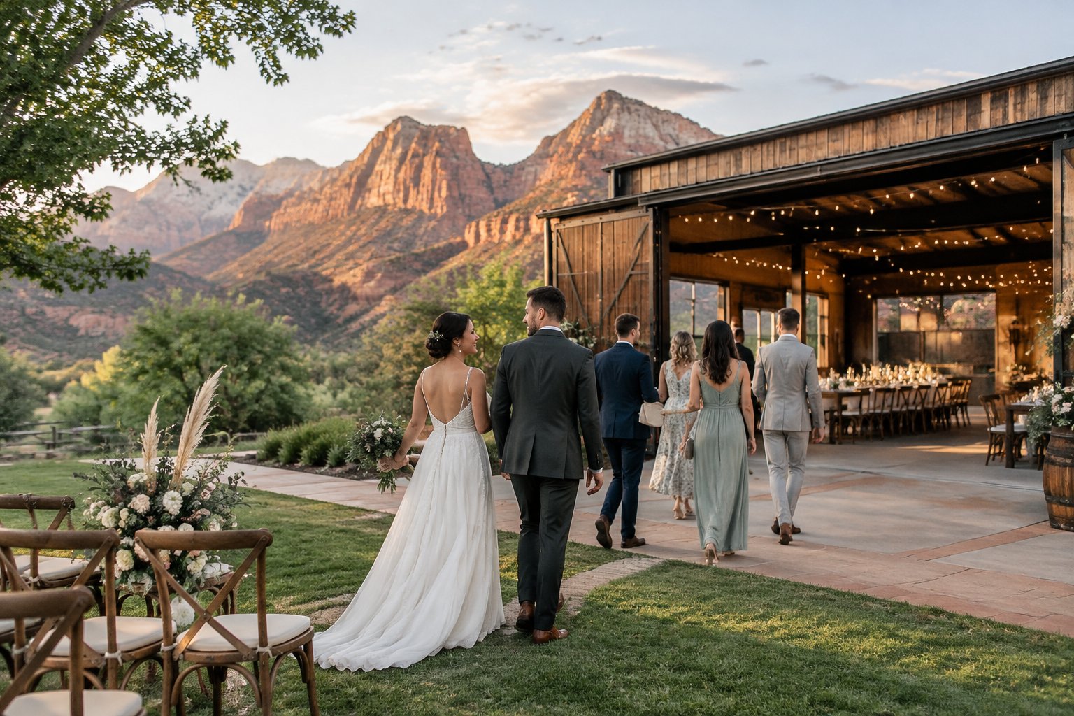 A wedding couple and guests walk from a park ceremony toward an industrial reception venue with red cliffs in the distance.