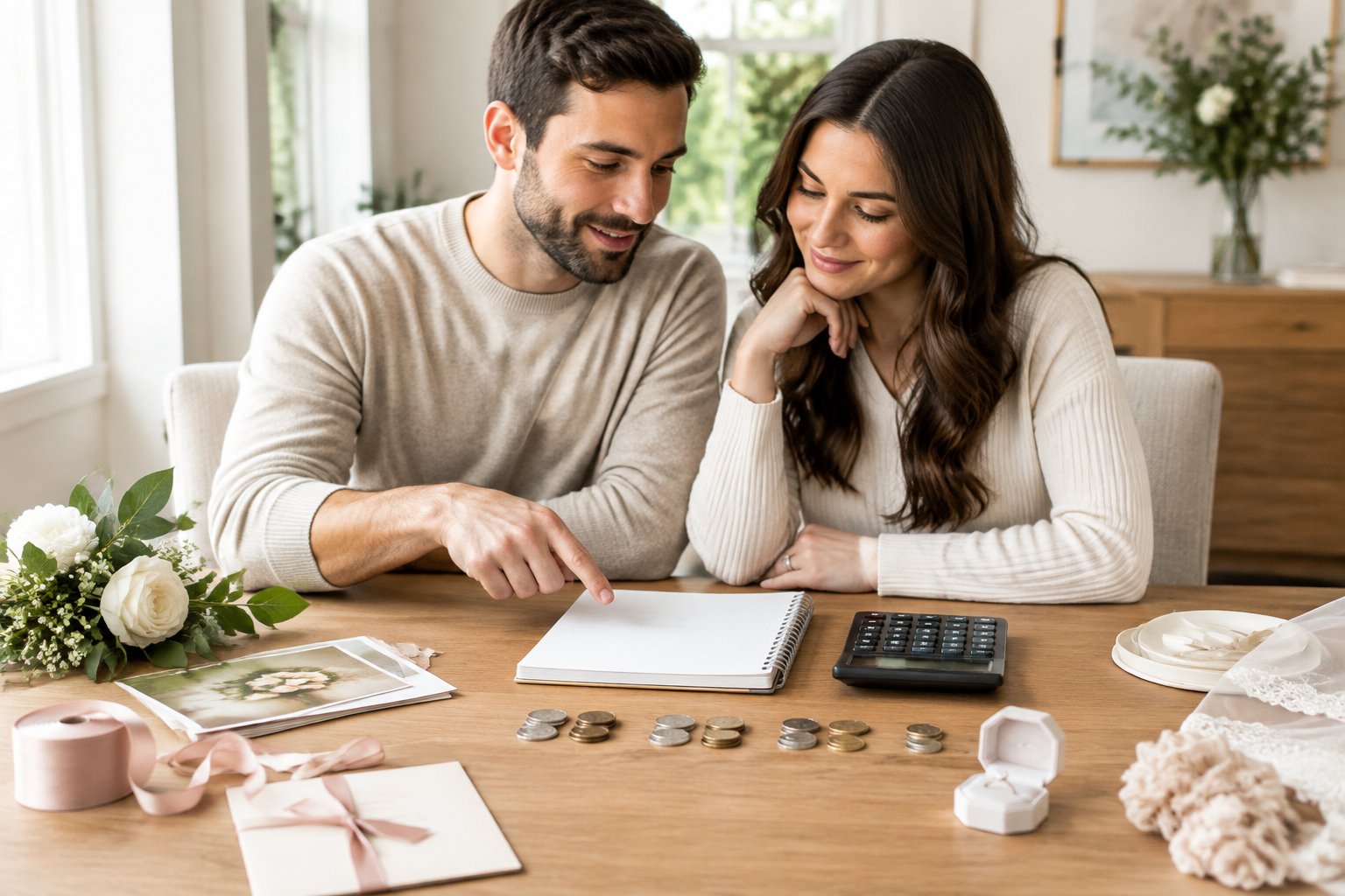 An engaged couple reviews wedding plans together at a table with a calculator, coins, and wedding items.
