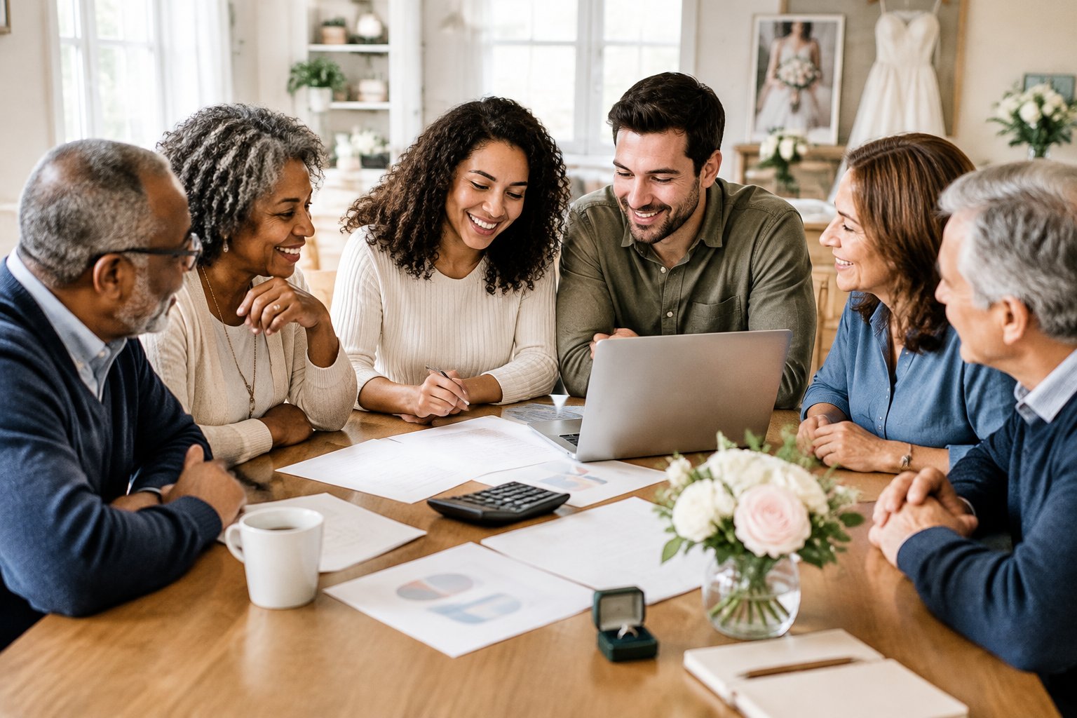 An engaged couple and their parents discuss wedding expenses around a table.