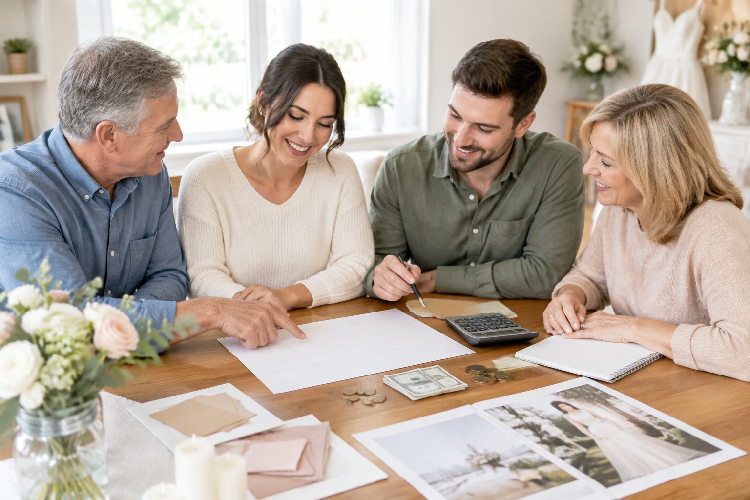 A couple and two family members discuss wedding expenses around a table.