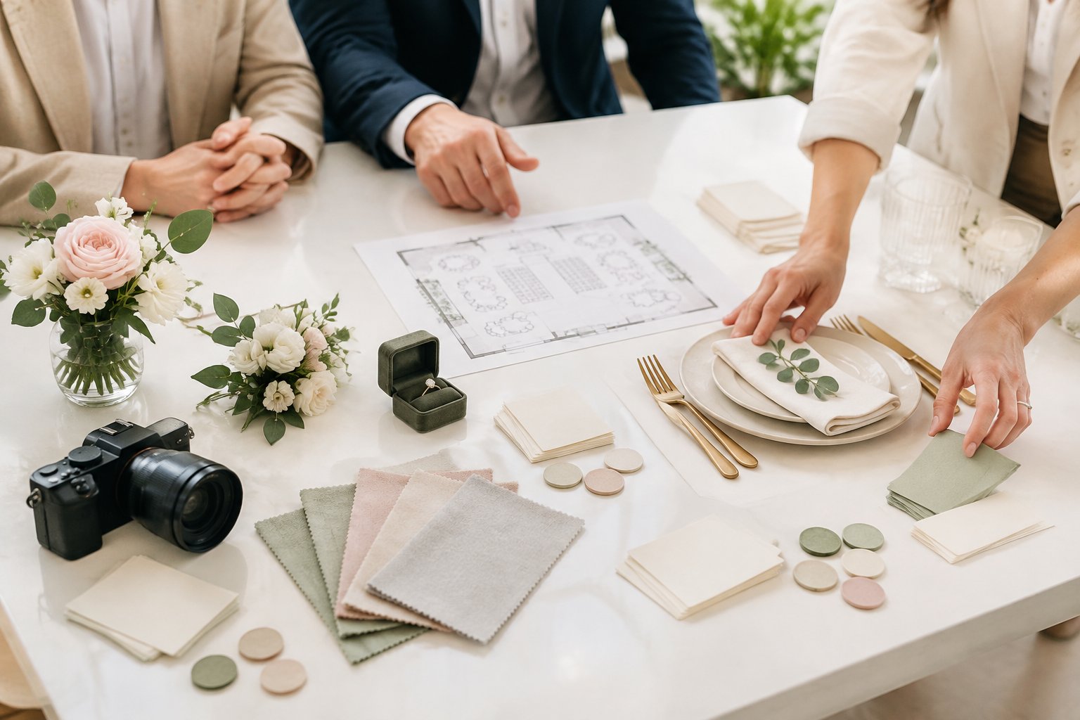 A couple and wedding planner arrange items representing wedding expenses on a table.