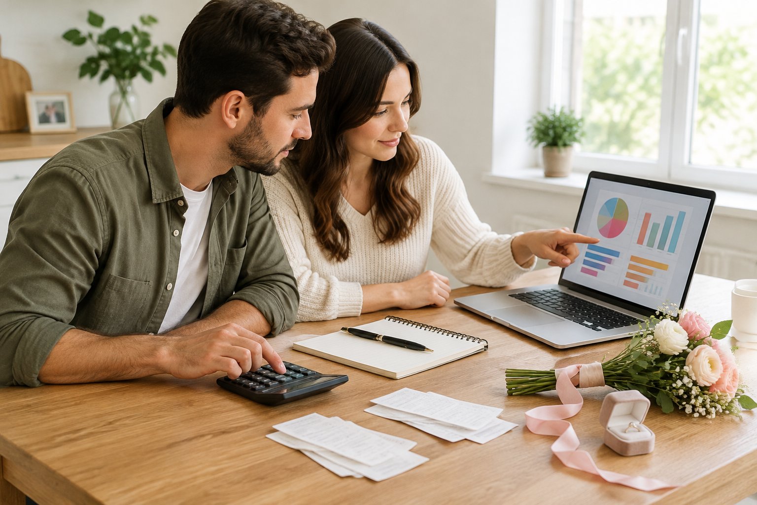 A couple reviews wedding expenses together at a table with a laptop, calculator, and receipts.