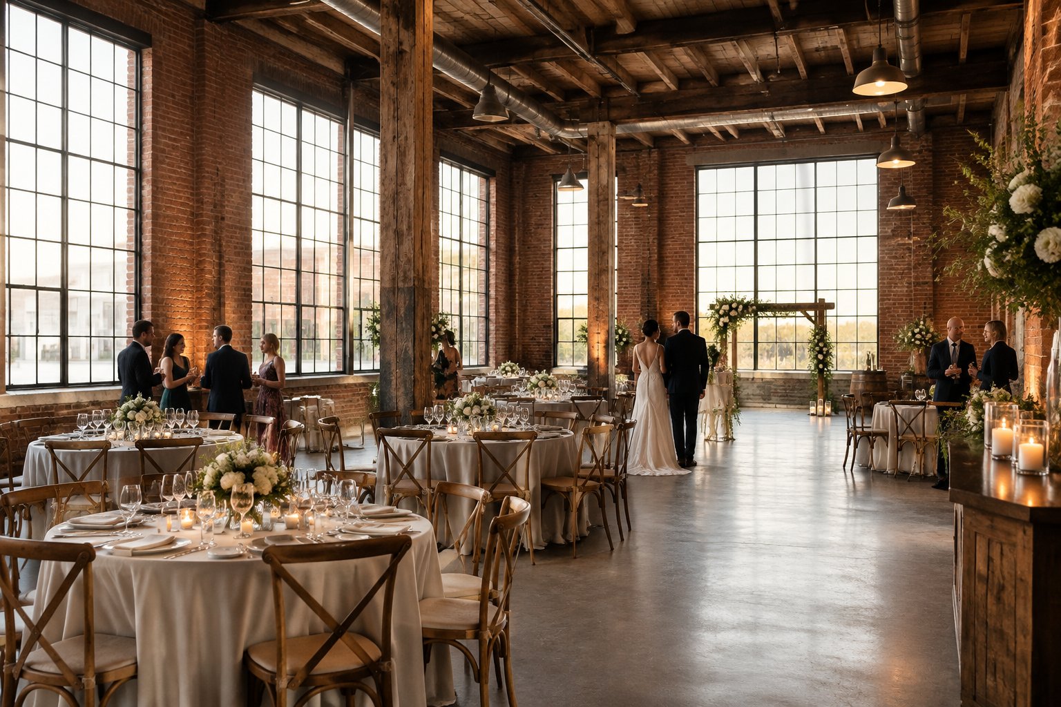 A wedding reception is set inside a brick industrial venue.