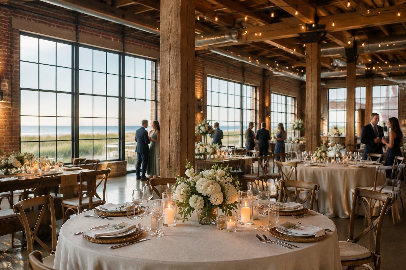 A wedding reception set inside a brick-and-timber industrial venue.