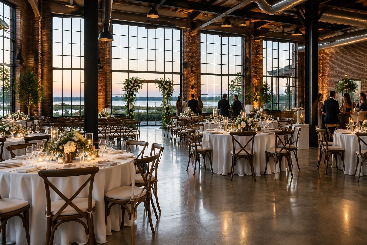 A wedding reception set up inside a brick industrial venue.