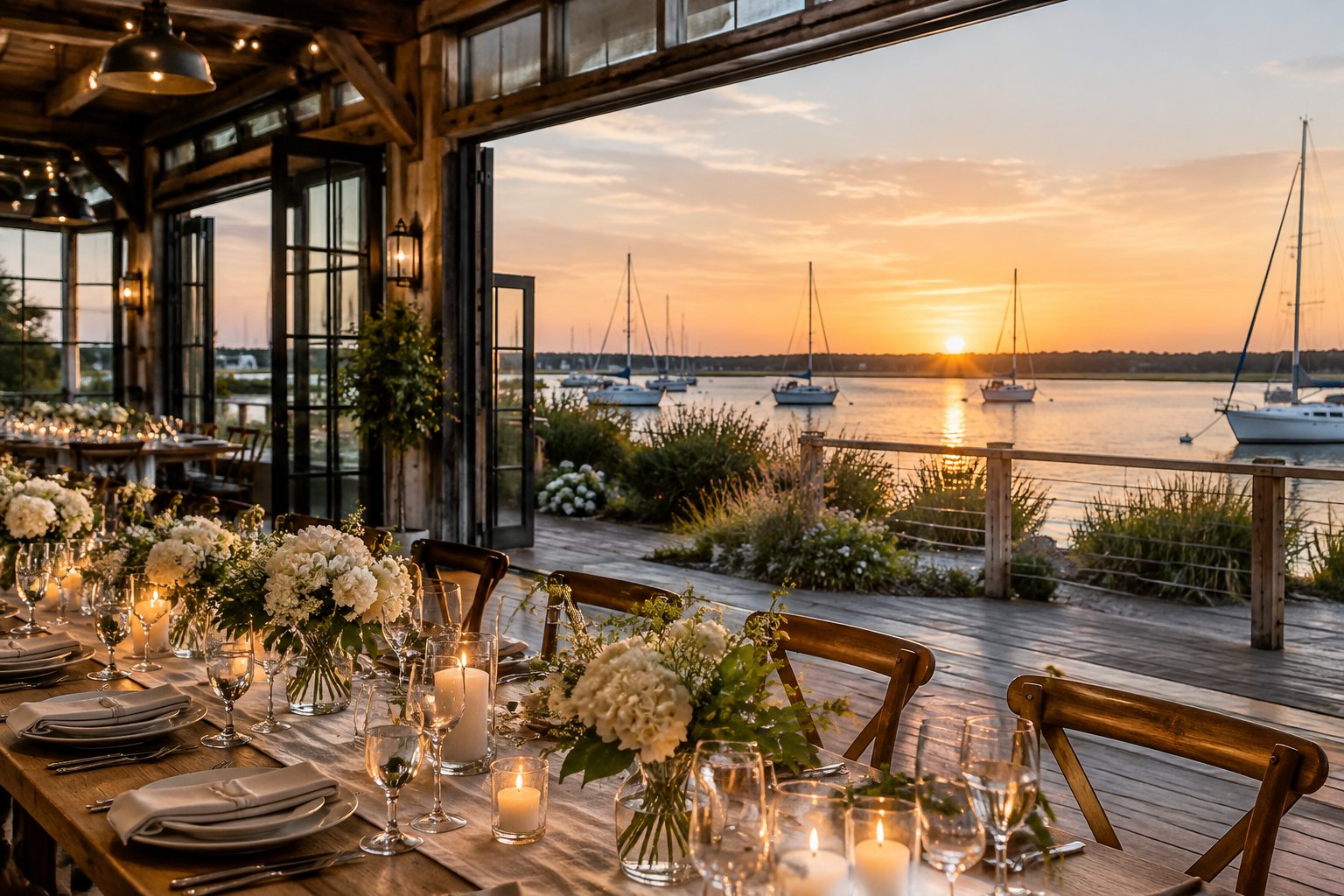 A banquet table on a waterfront terrace overlooking a marina.