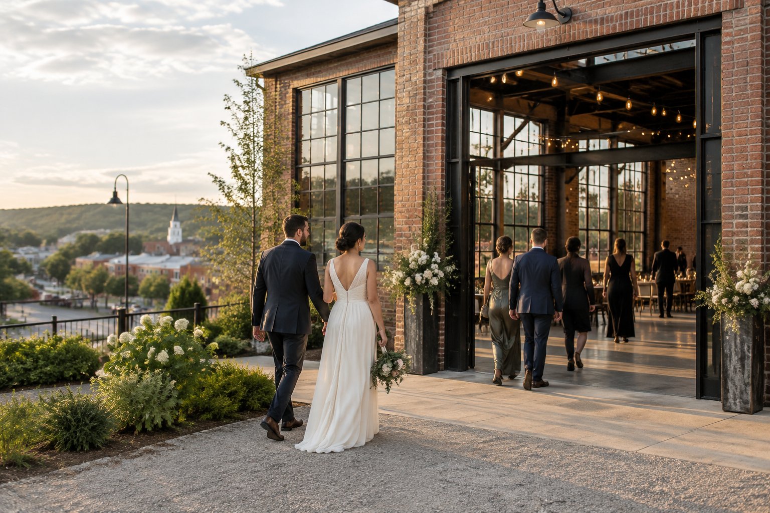 A couple and wedding guests arrive at a converted industrial hall in a small-town setting.