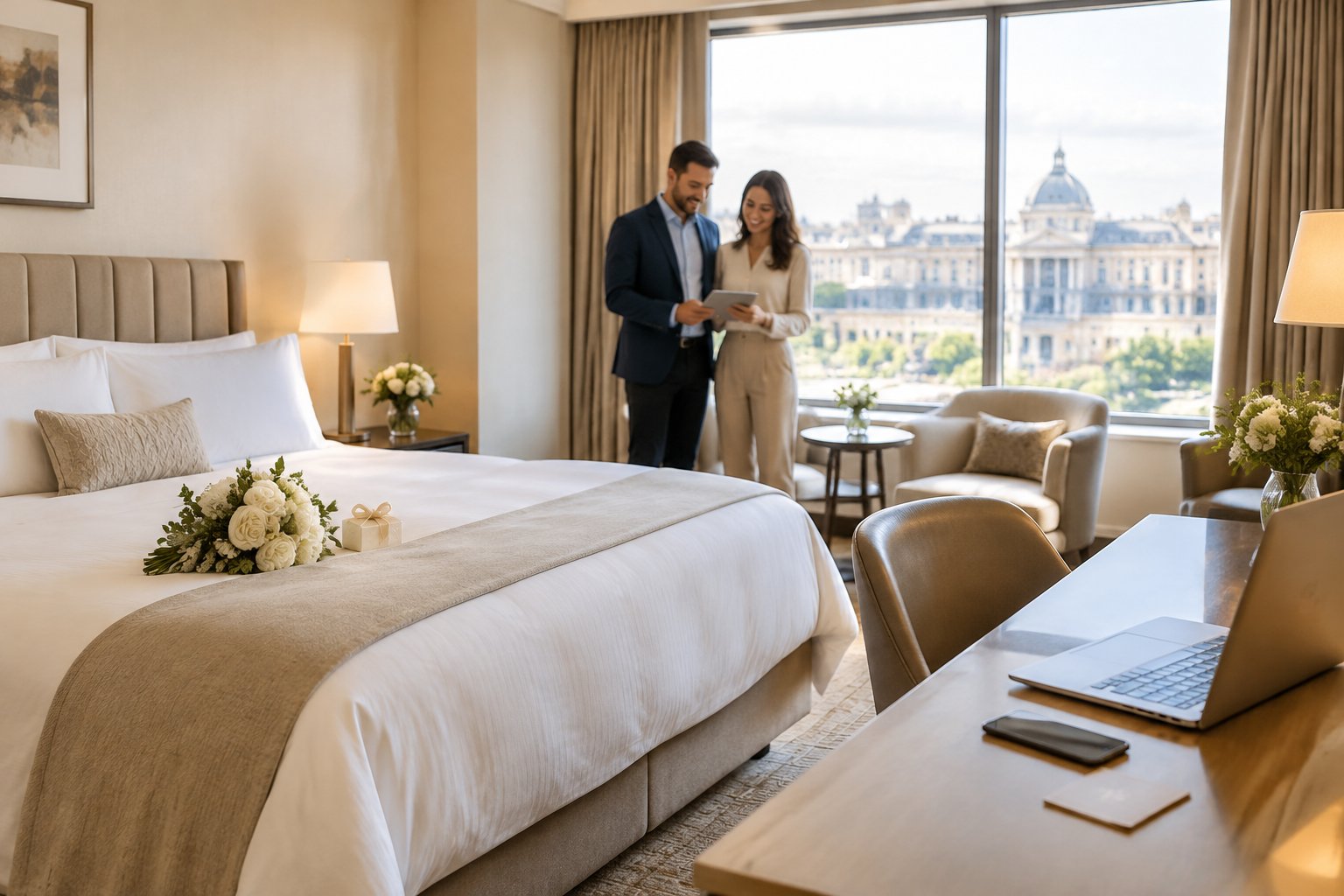 A couple reviews travel arrangements in a hotel suite.