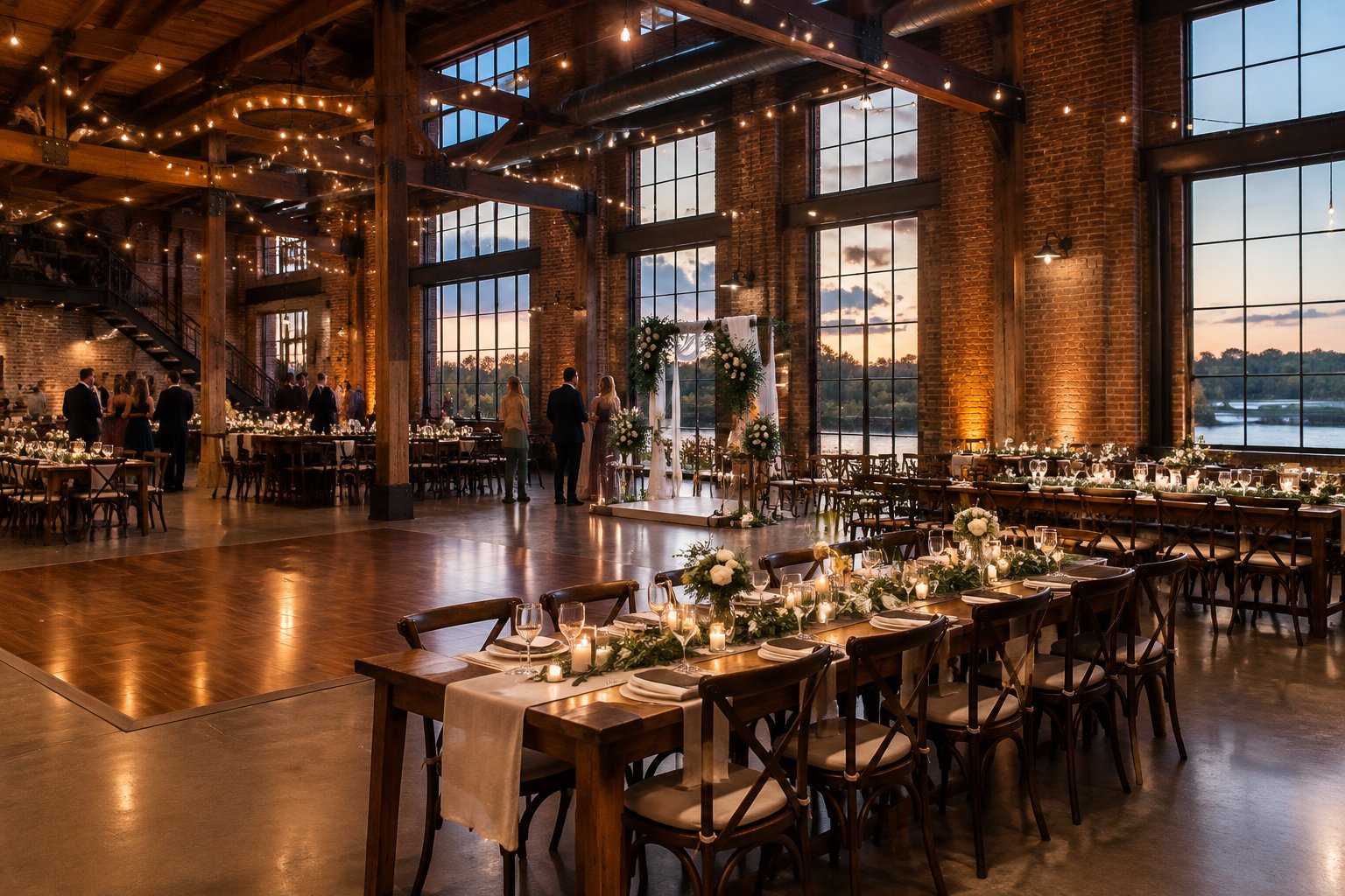 A wedding reception set inside a brick industrial venue.