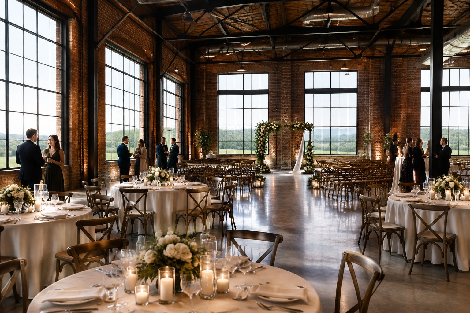 A wedding reception set inside a brick industrial venue with tall windows and steel beams.