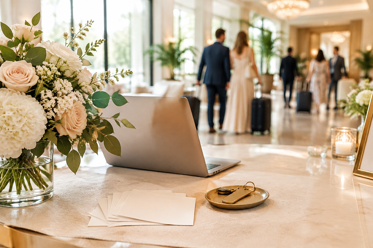 Wedding guests arrive with luggage in a hotel lobby beside a welcome table.
