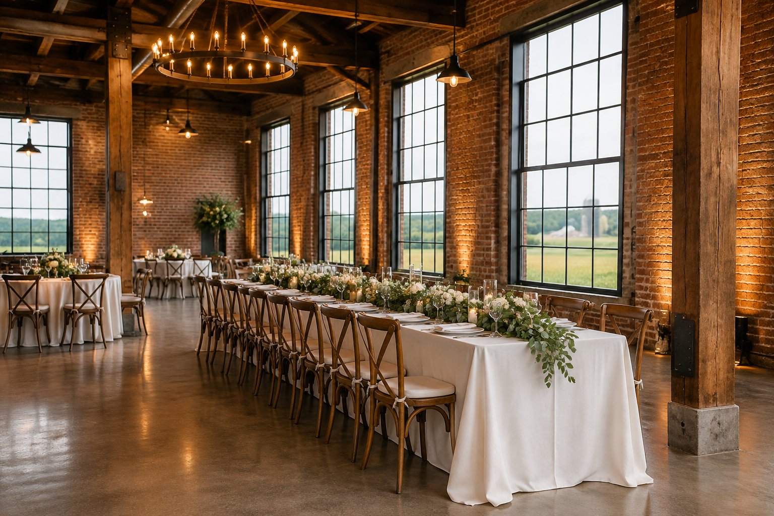 A decorated wedding reception table inside a brick venue.