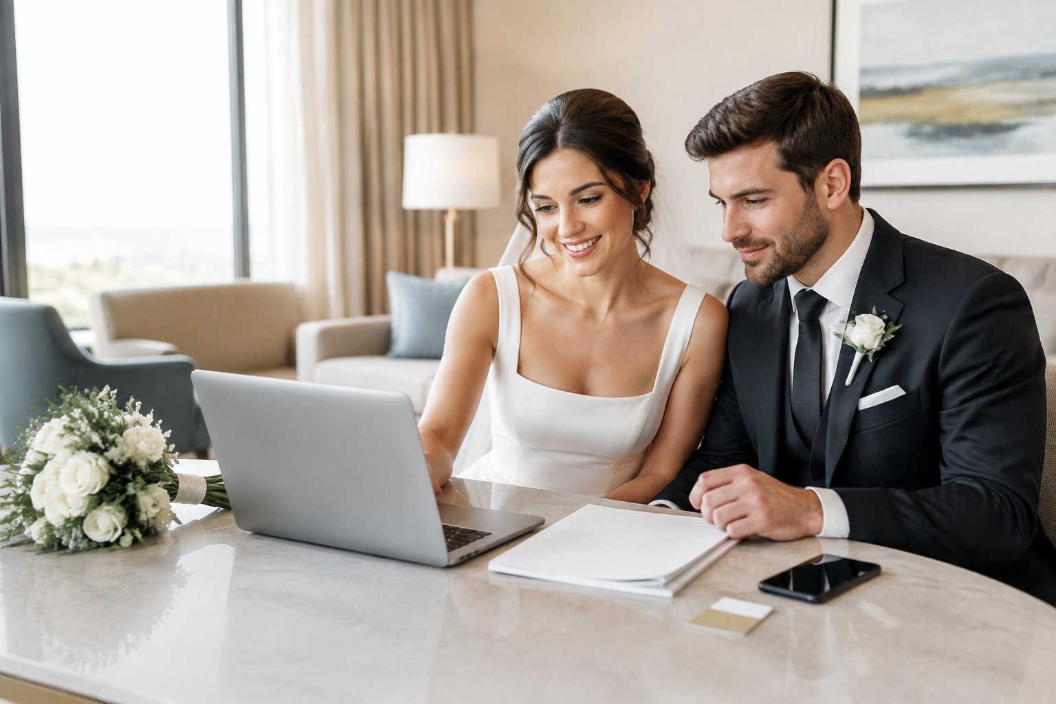 A couple in wedding attire reviews a laptop and papers in a hotel room.