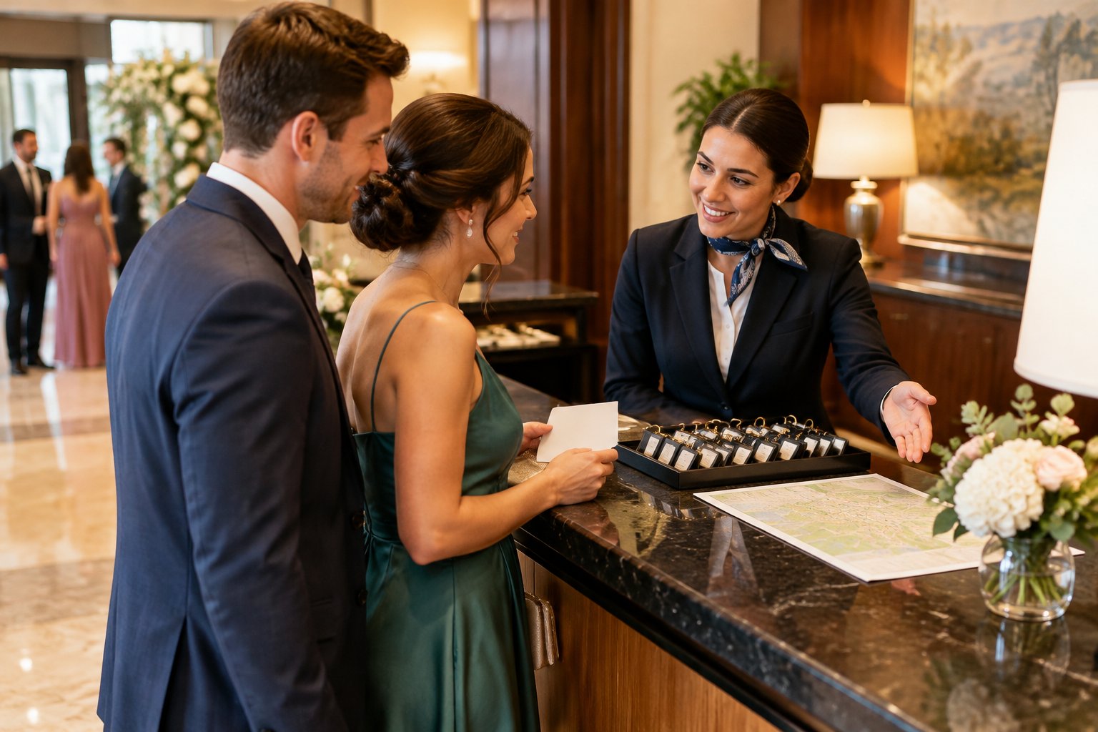 Wedding guests ask a hotel concierge about lodging.