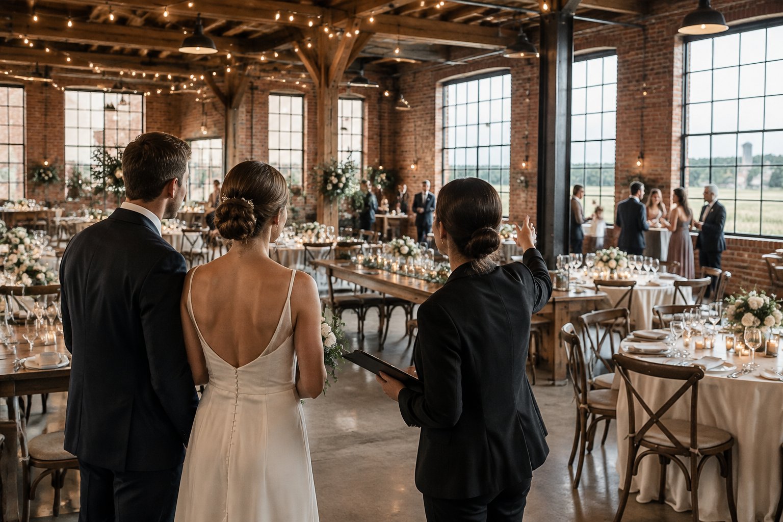 A couple and venue coordinator view a wedding reception in a brick industrial hall.