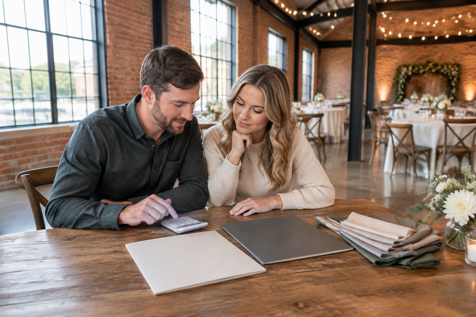 A couple reviews venue options at a table inside an industrial wedding venue.