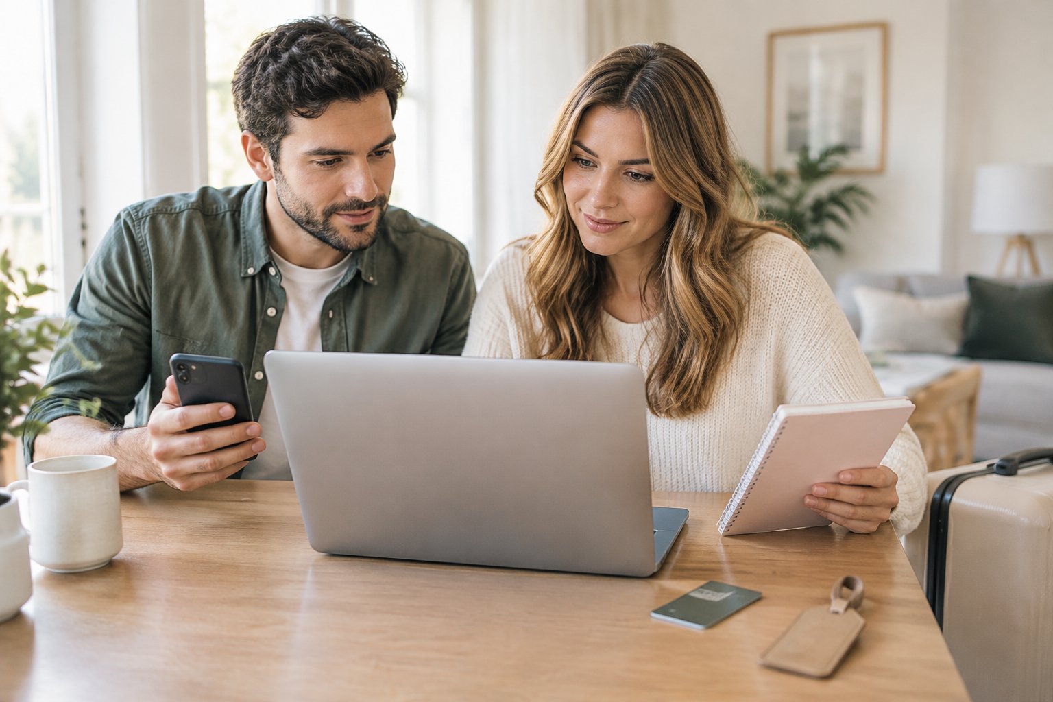 An engaged couple reviews wedding travel plans together at a desk.
