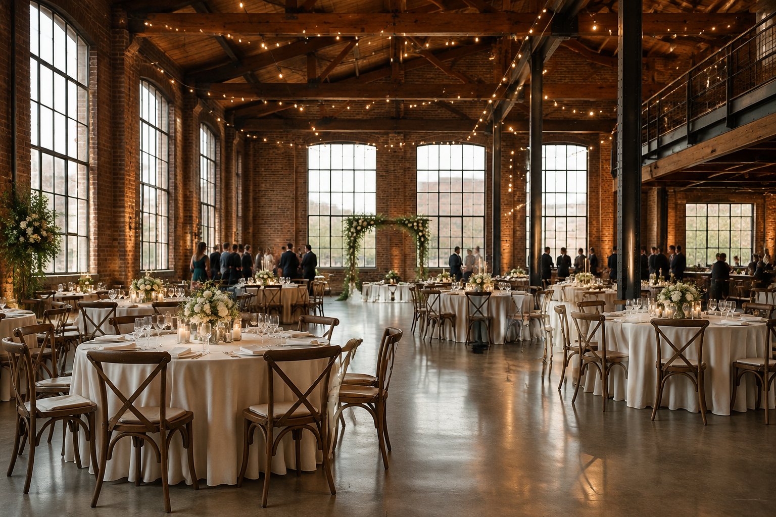 A wedding reception is set up inside a brick industrial venue.