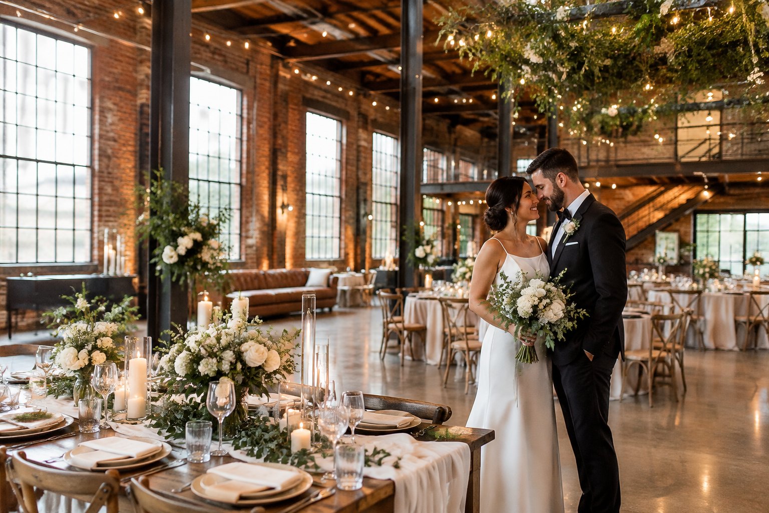 A couple celebrates at a wedding reception in a brick warehouse venue.