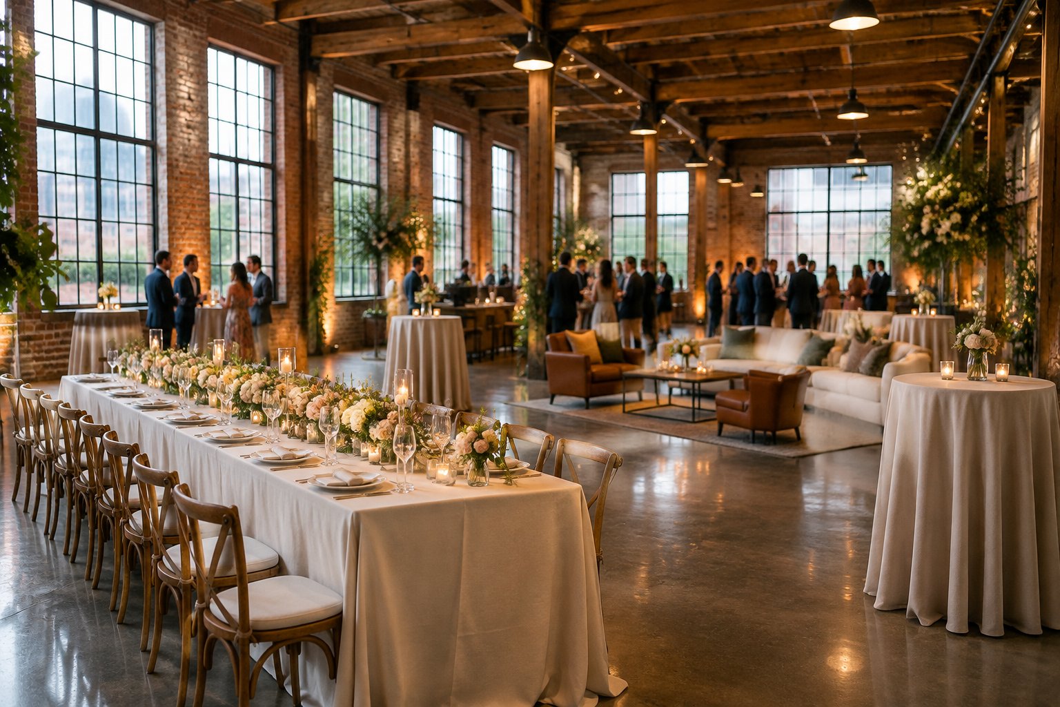 A wedding reception set up inside a spacious brick warehouse.