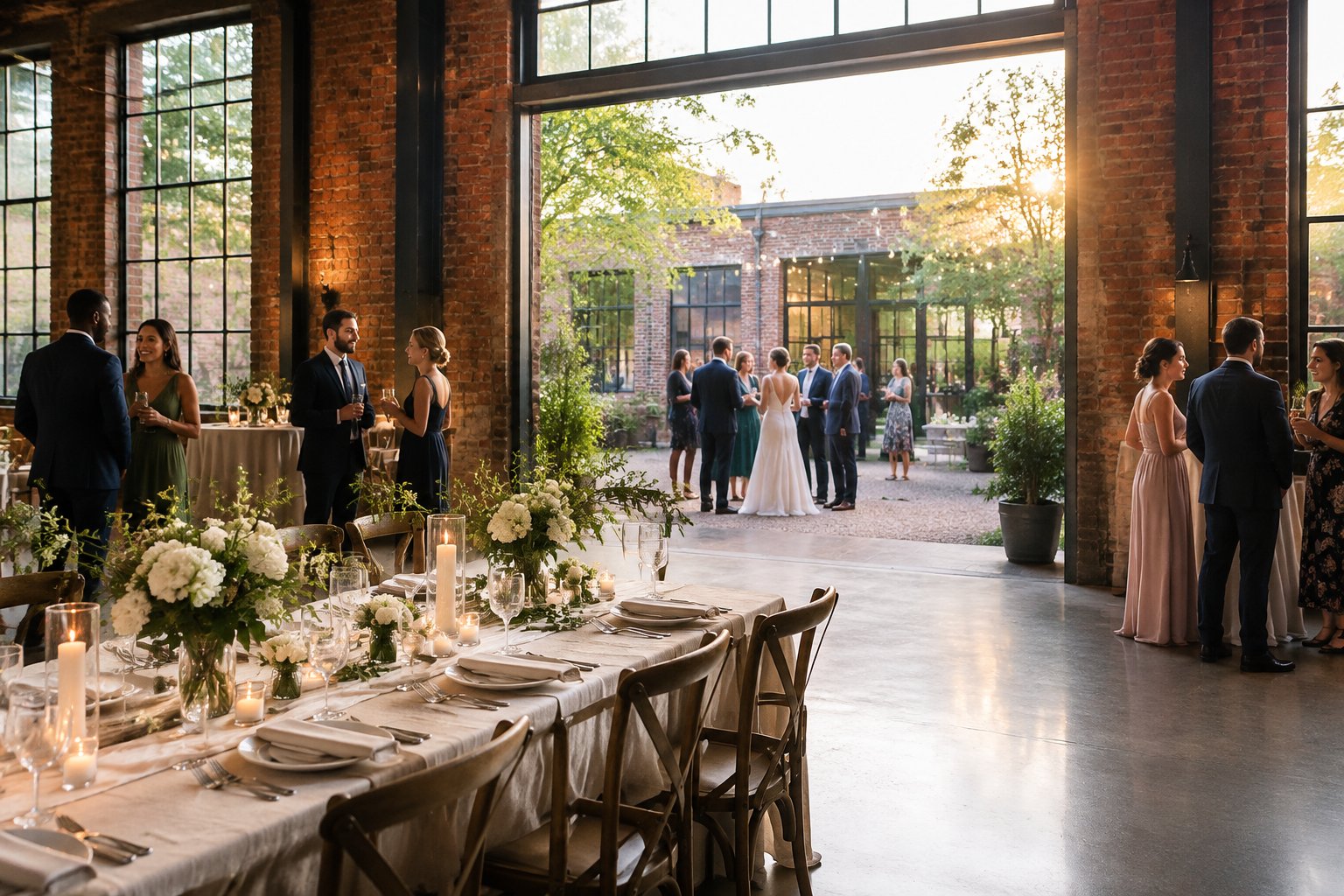 Wedding guests gather between a brick reception hall and an outdoor courtyard.