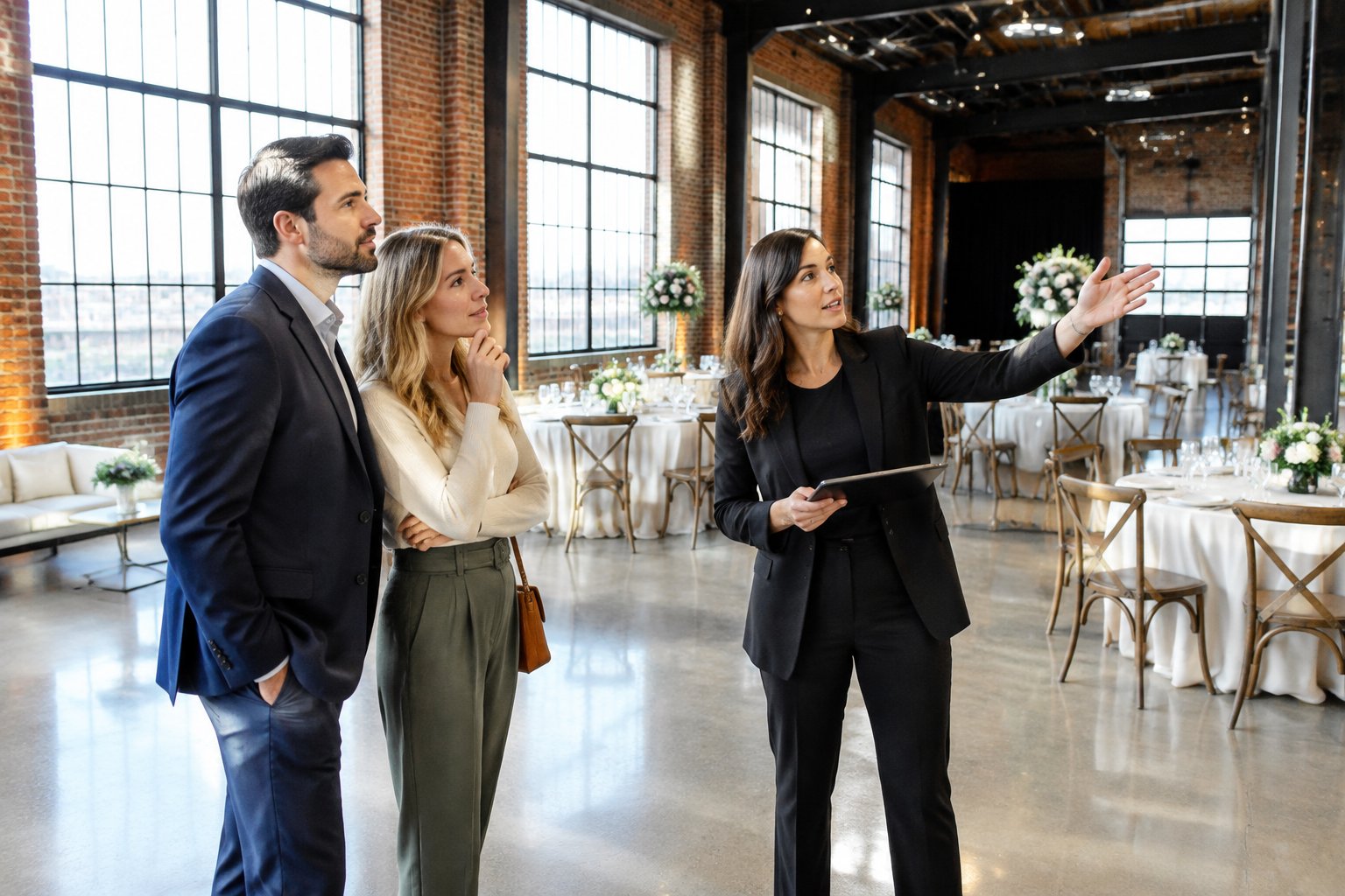 A couple tours an industrial wedding venue with an event coordinator.