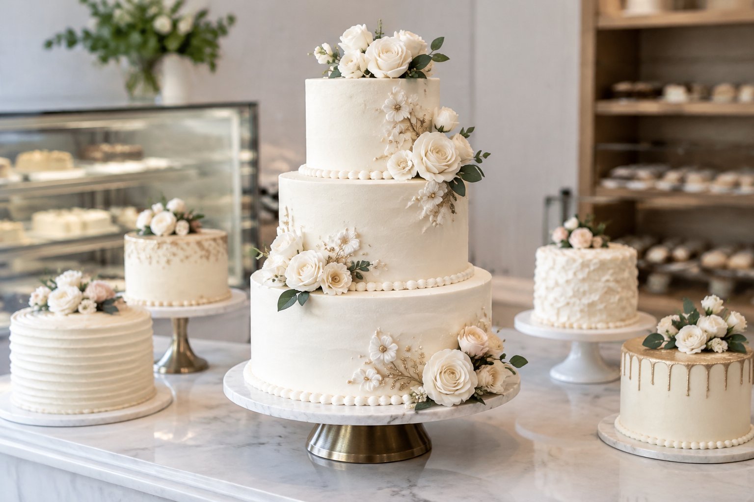 A tiered white wedding cake displayed with smaller cakes on a bakery counter.