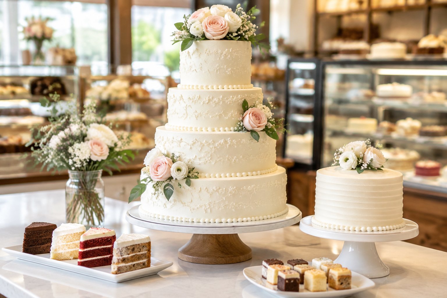 A decorated tiered wedding cake displayed beside a smaller cake in a bakery.