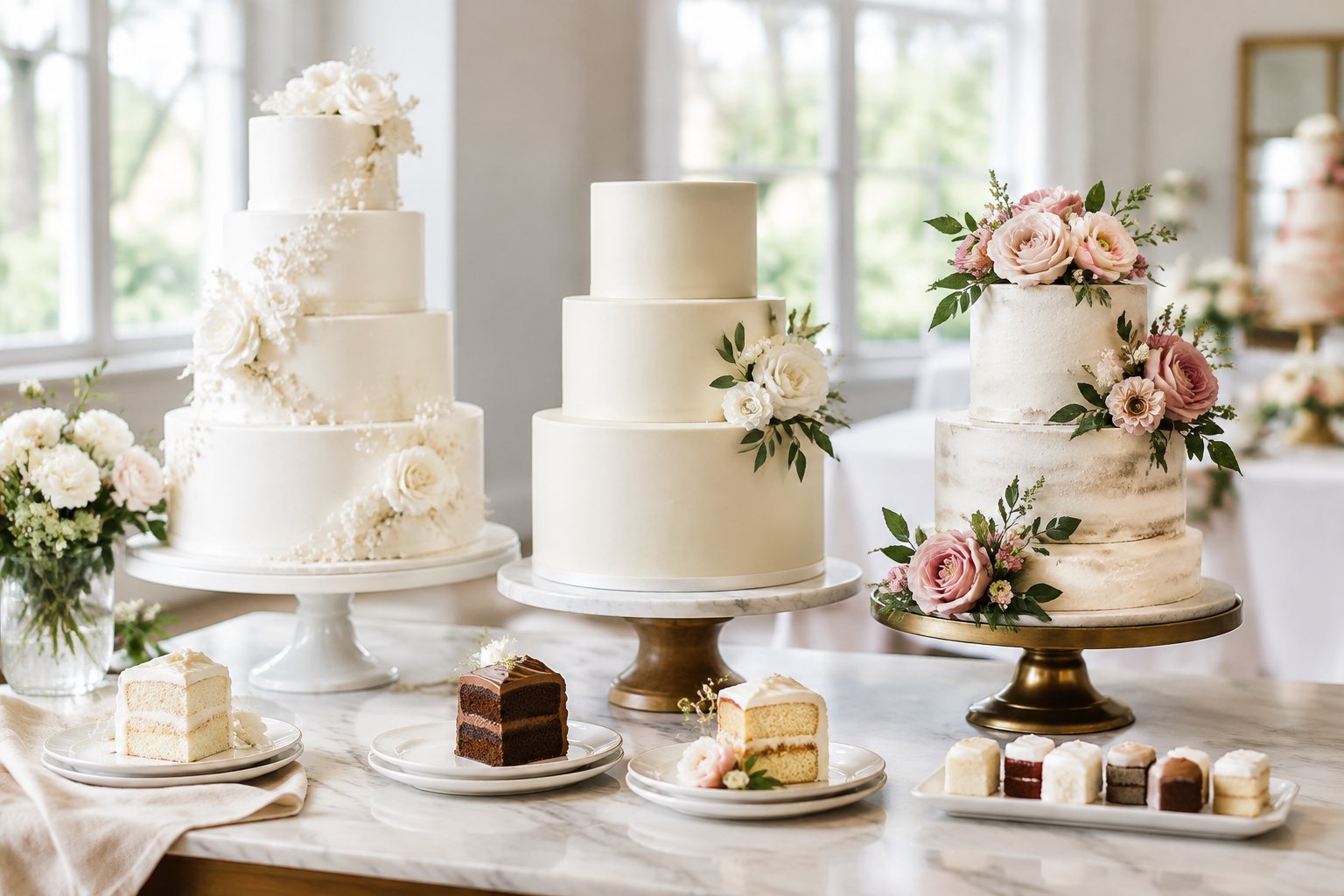Several decorated wedding cakes displayed on a table.
