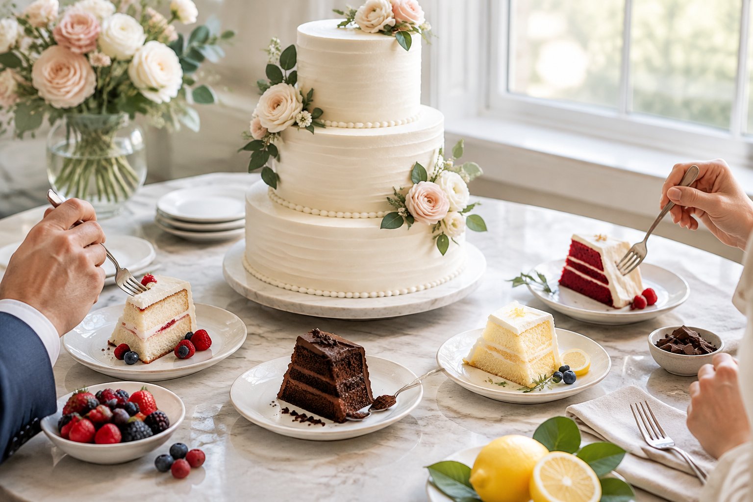 A tiered wedding cake surrounded by small cake samples and fresh fruit.