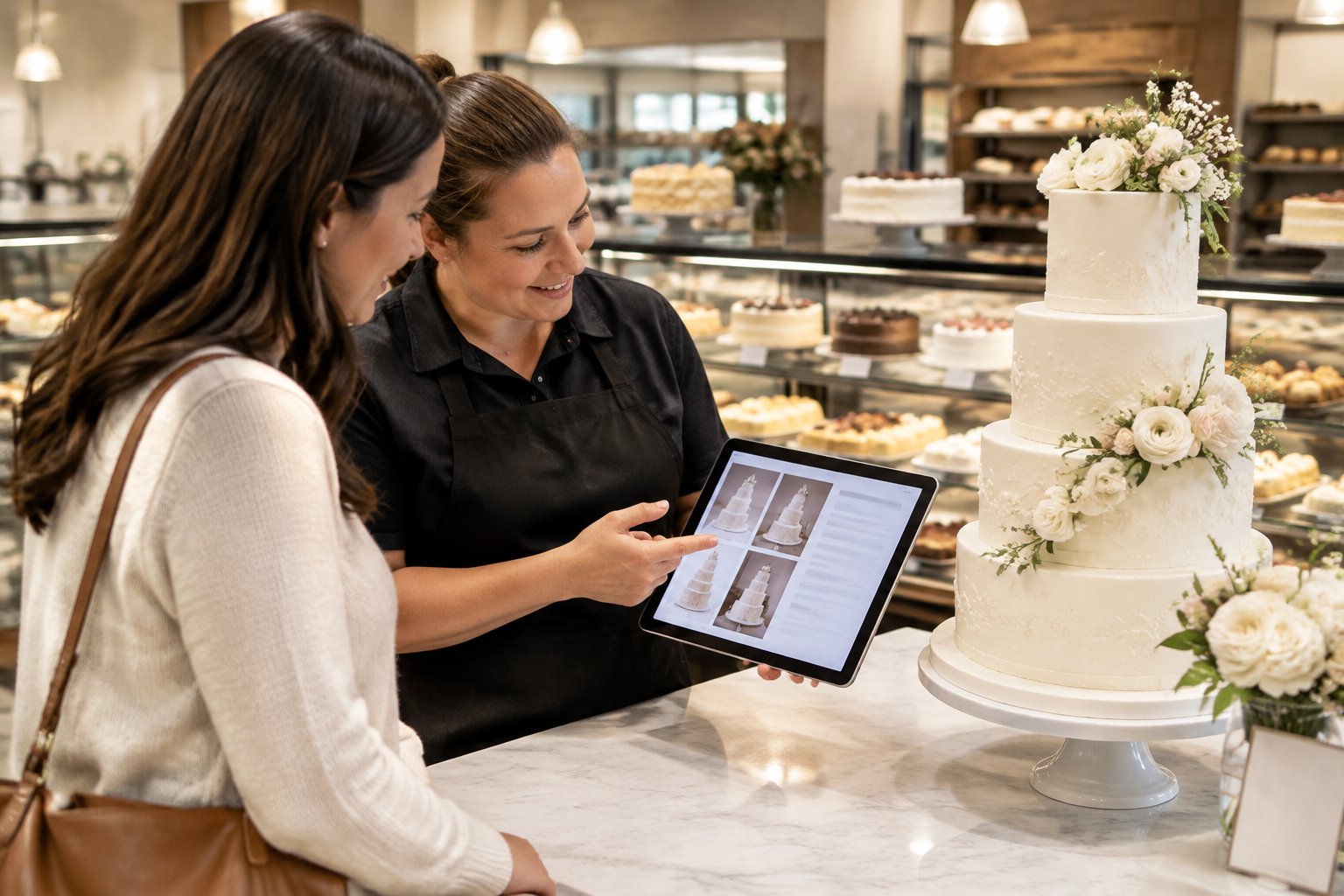 A shopper and bakery associate look at wedding cake designs beside a tiered cake in a grocery store bakery.