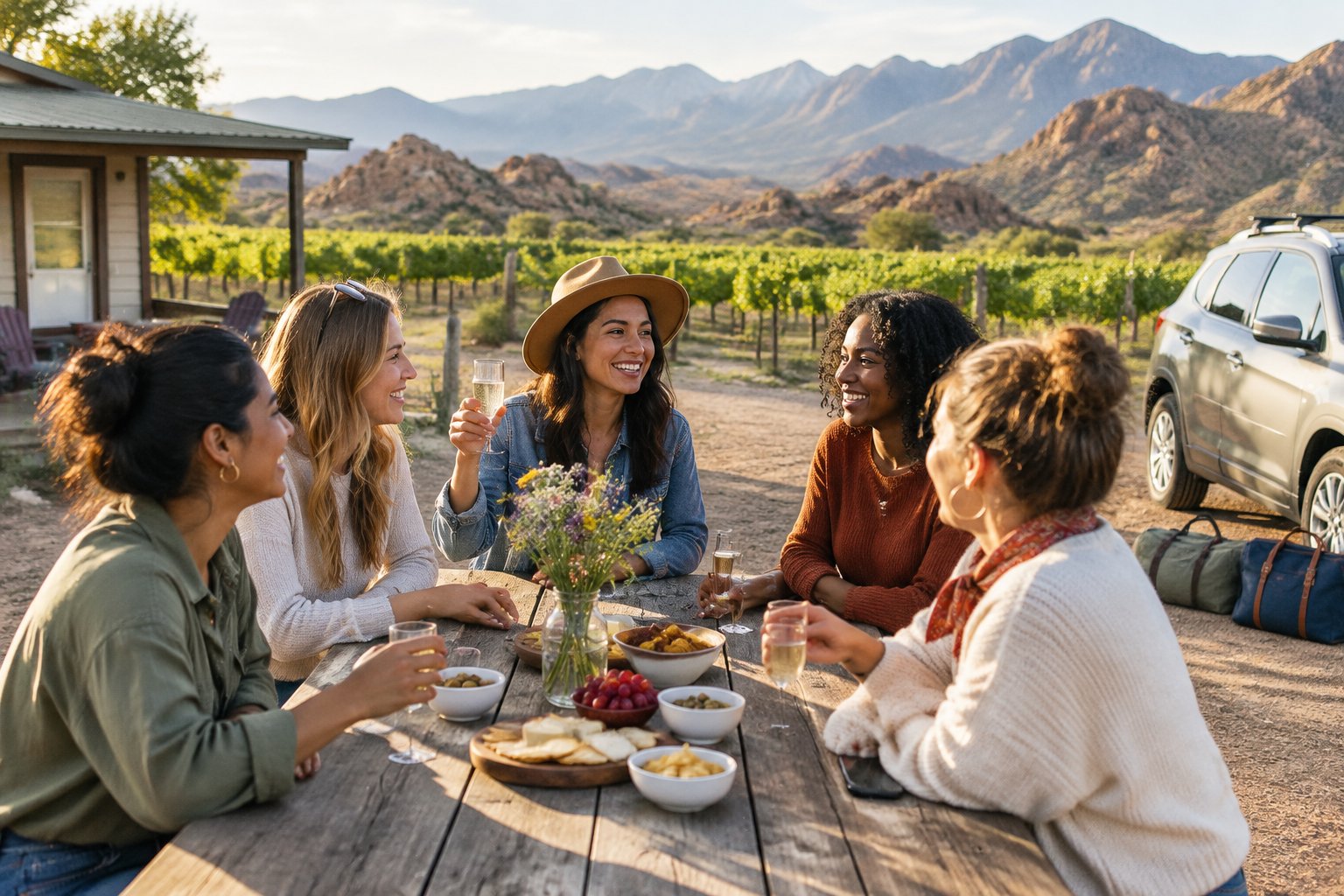 Friends enjoy a picnic together at a countryside rental near vineyards, with mountains in the distance.