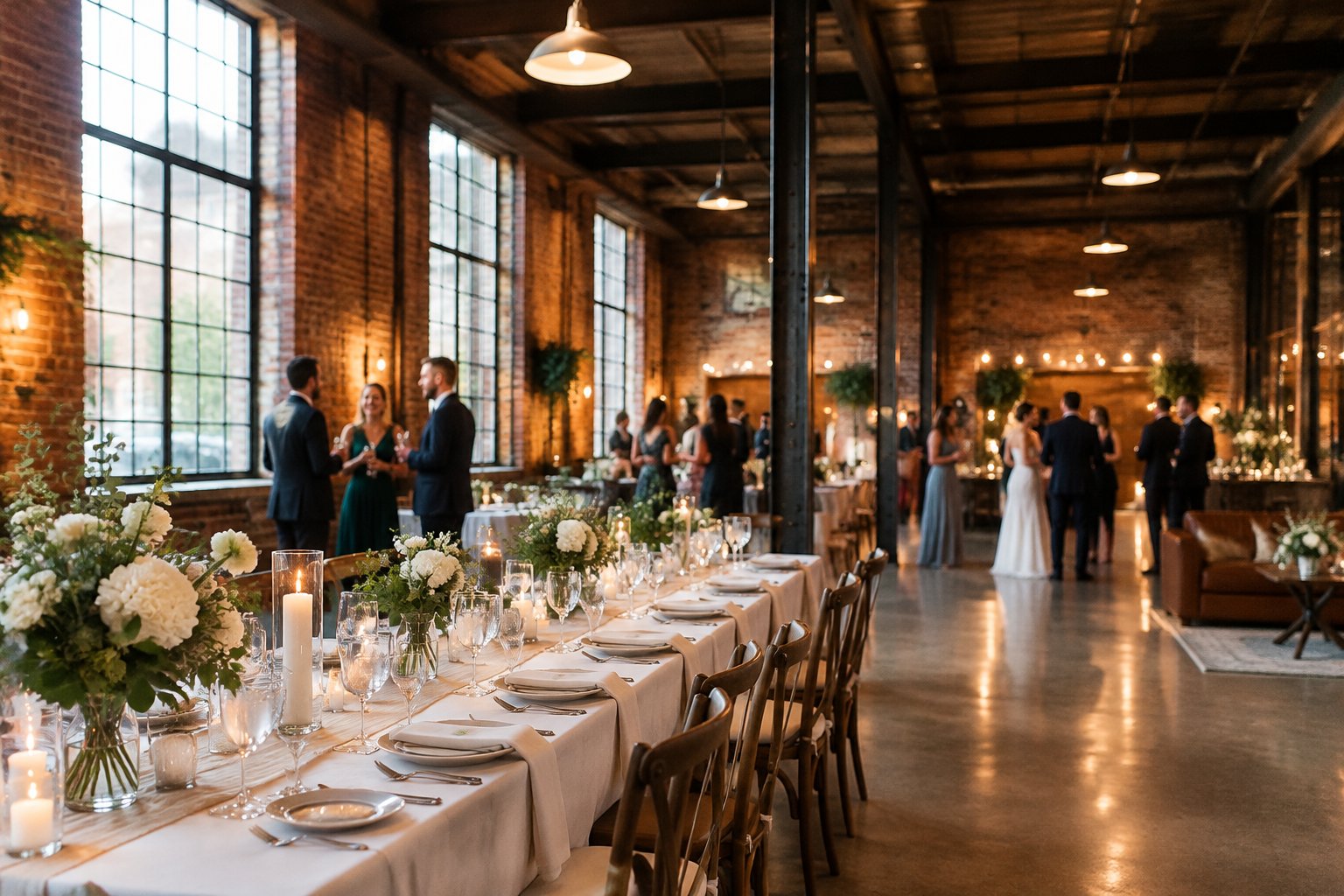 Guests gather around a decorated reception table inside a brick industrial wedding venue.