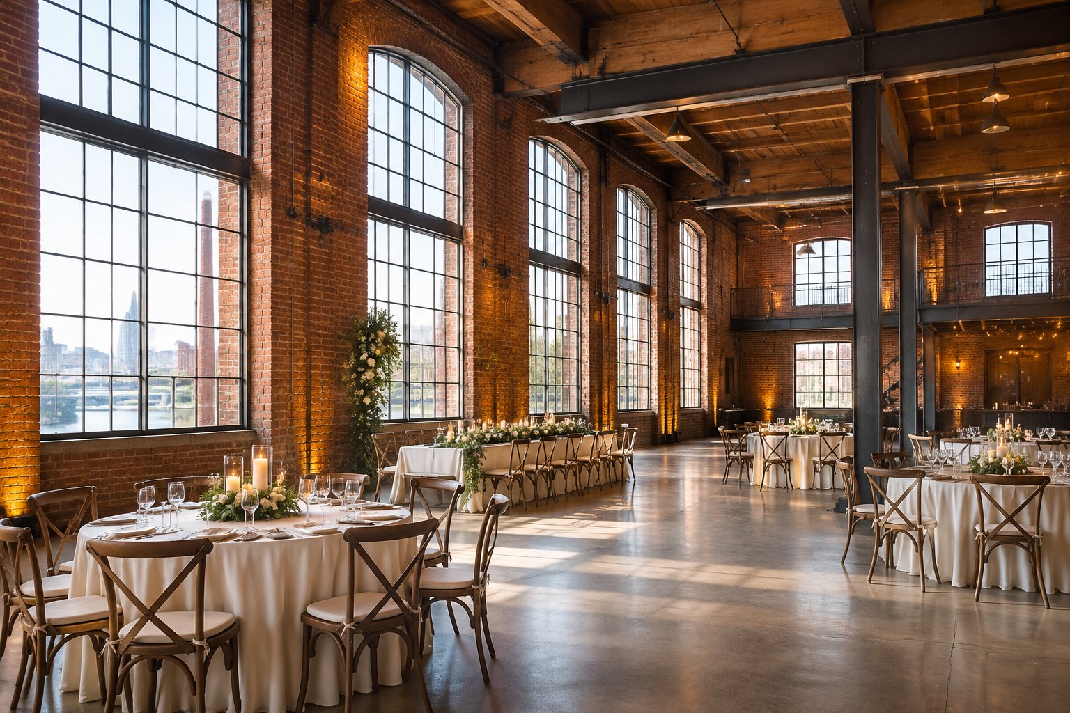 A brick warehouse reception hall set up with tables and chairs for a wedding.