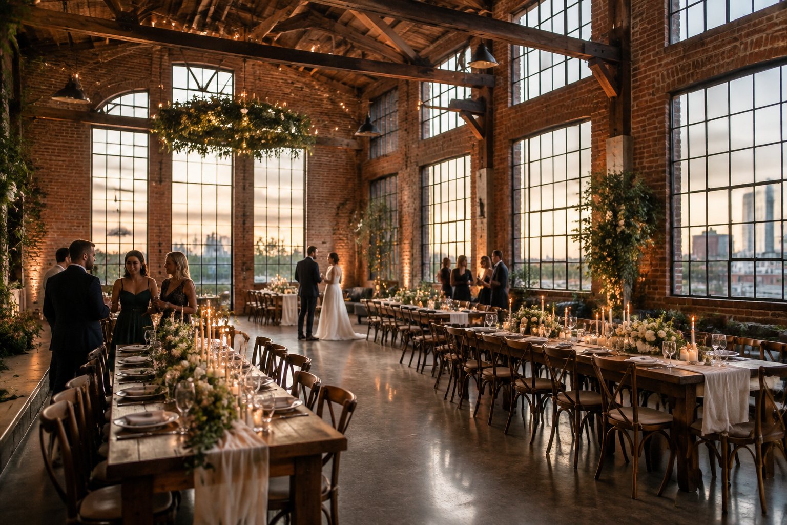 Guests mingle at a wedding reception in a historic brick venue with exposed beams and tall windows.