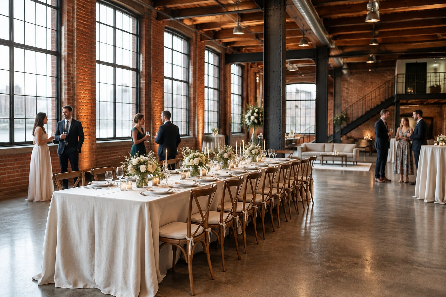 Guests gather around a decorated table inside a brick-walled wedding venue.