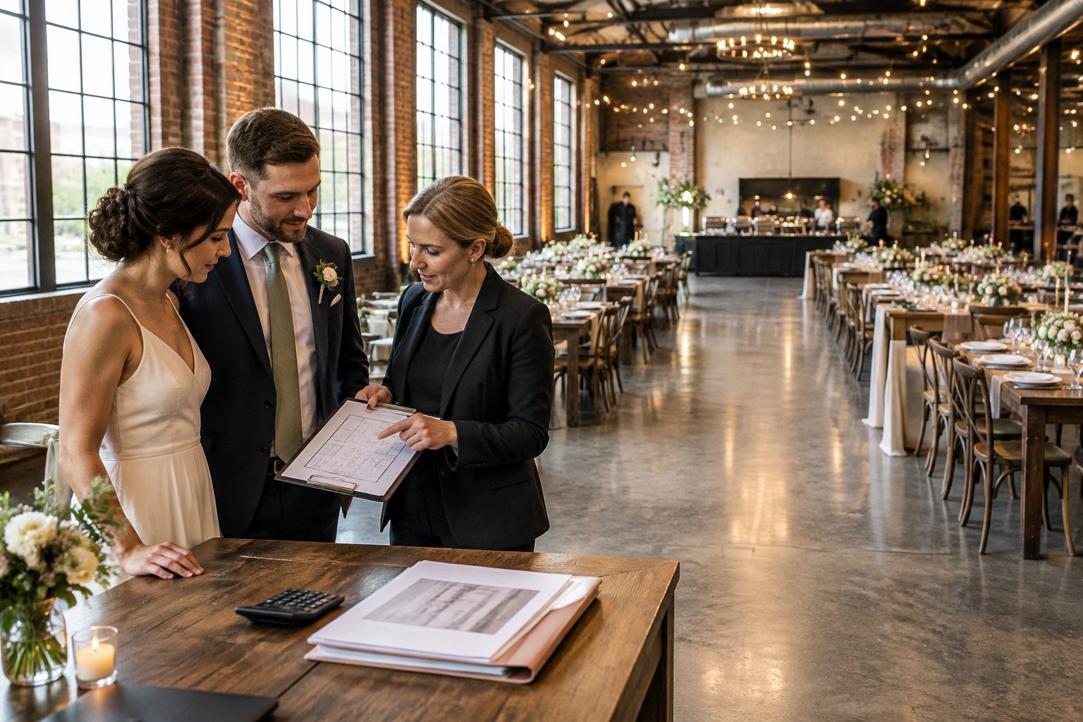 A couple and venue coordinator review a floor plan in a spacious industrial wedding venue set for a reception.