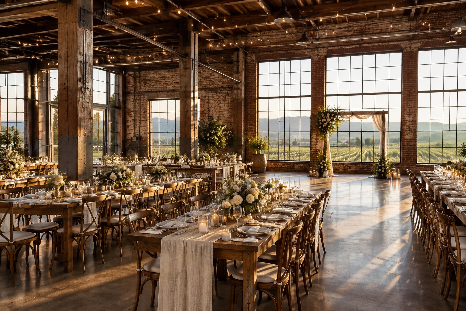 A wedding reception set inside a converted industrial venue.