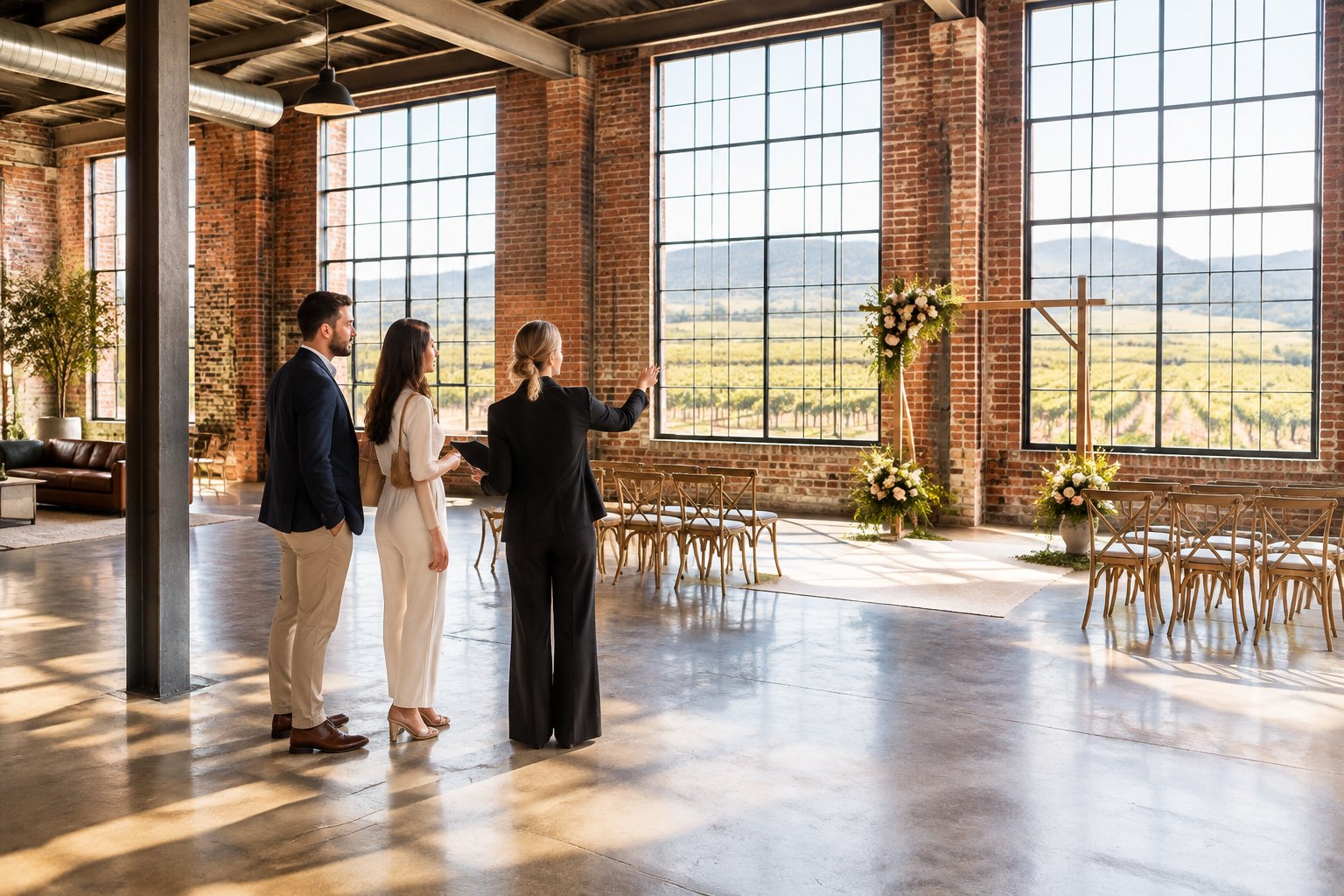 A couple and a planner tour a spacious venue with large windows.