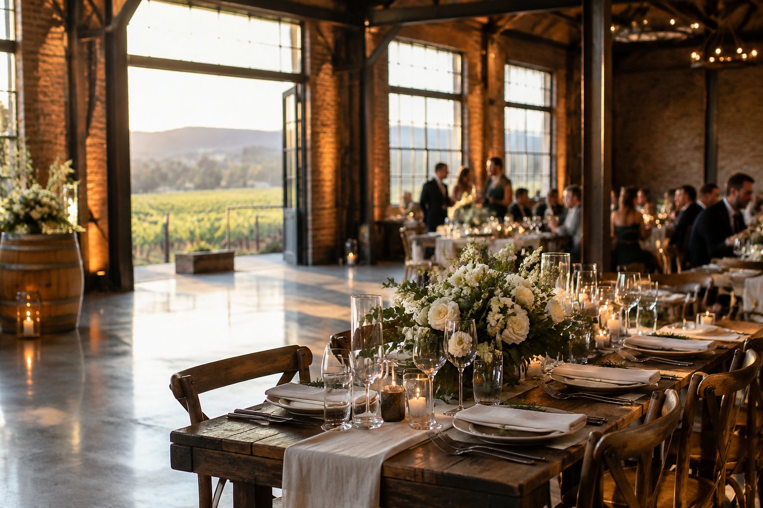 A wedding reception table inside a venue overlooking a vineyard.