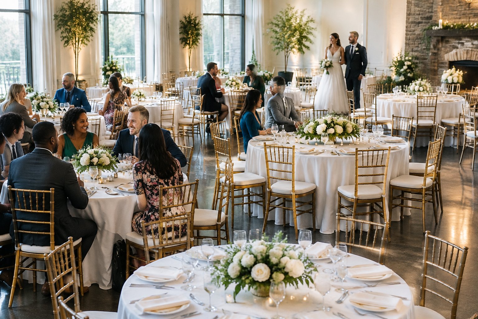 A bride and groom look across a wedding reception where some chairs are occupied and others are empty.
