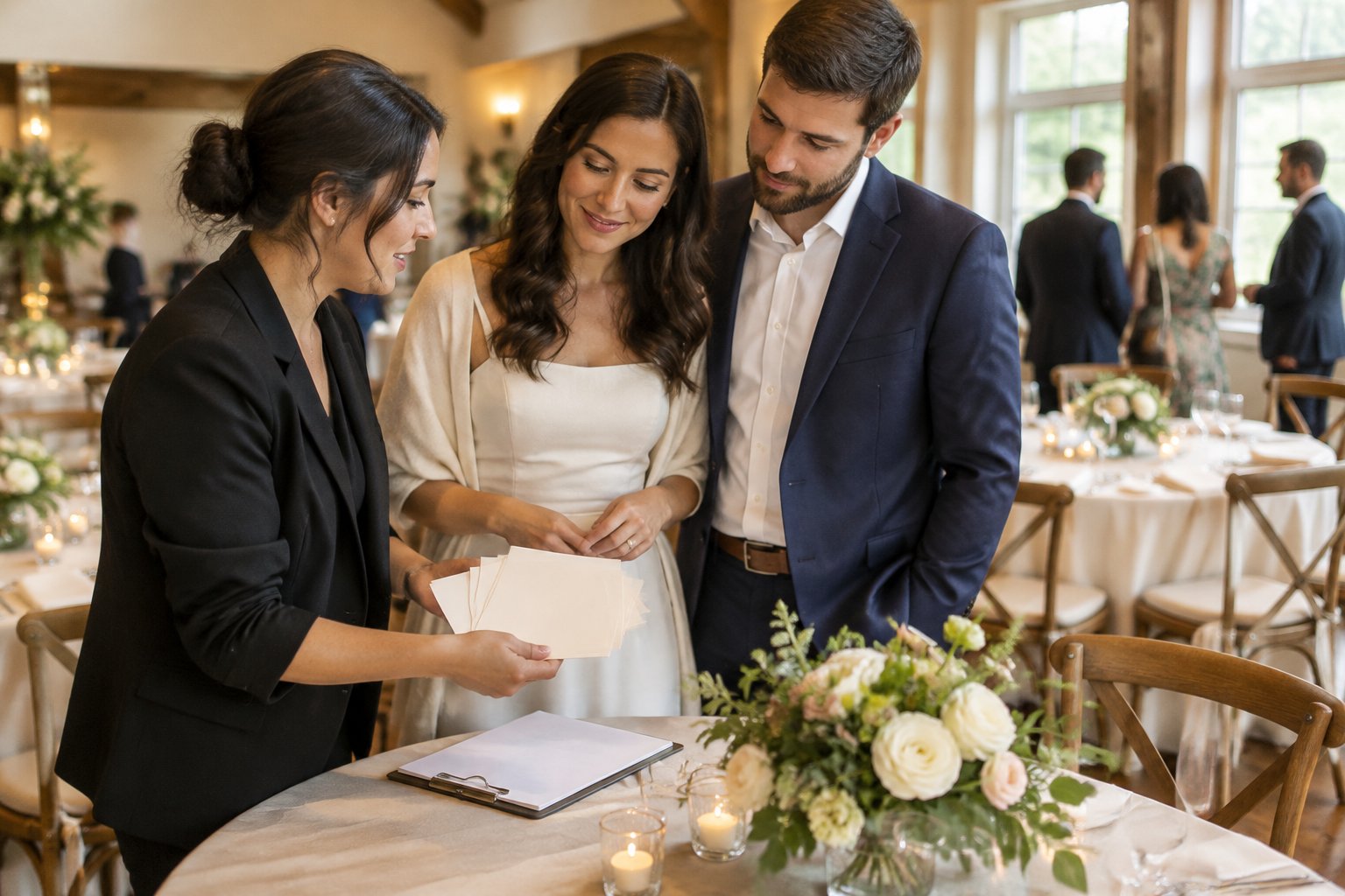 A couple and wedding planner review RSVP cards in a reception venue.